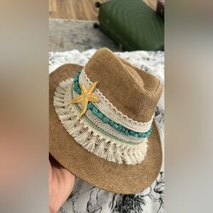 Brown Straw Hat with Starfish and Blue Accents
